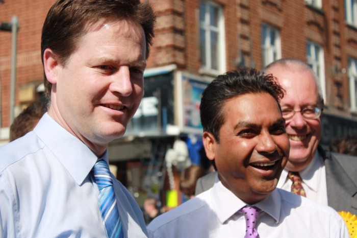 Lib Dem leader Nick Clegg in Walthamstow with Farid ahmed and Jonathan Fryer
